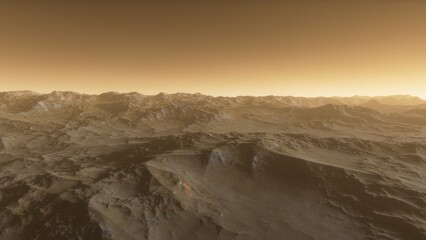 Fototapeta na wymiar Mars like red planet, with arid landscape, rocky hills and mountains, for space exploration and science fiction backgrounds.