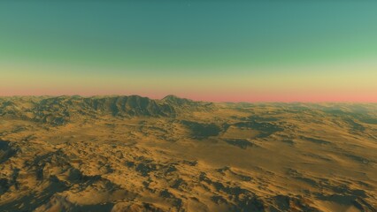 Mars like red planet, with arid landscape, rocky hills and mountains, for space exploration and science fiction backgrounds.