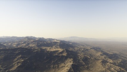 Mars like red planet, with arid landscape, rocky hills and mountains, for space exploration and science fiction backgrounds.
