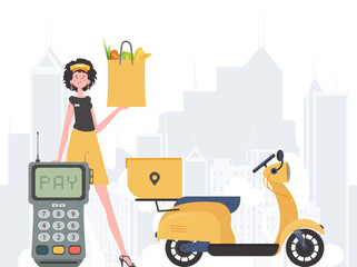 Delivery concept. A woman is holding a bag of food. Cartoon style. Vector.