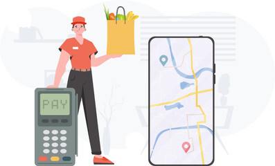 Delivery concept. A man delivers a package of products. Cartoon style. Vector.