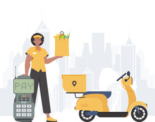 Delivery concept. A man is holding a grocery bag. trendy style. Vector.