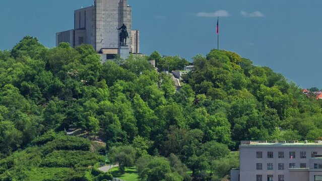 Top view from the height Powder Tower in Prague timelapse to Vitkov Memorial with rrailway tunnel. Historical and cultural monument. The place is particularly popular among tourists. Prague, Czech
