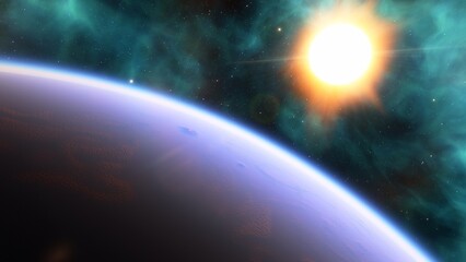super-earth planet, realistic exoplanet, planet suitable for colonization, earth-like planet in far space, planets background 3d render
