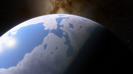 super-earth planet, realistic exoplanet, planet suitable for colonization, earth-like planet in far space, planets background 3d render
