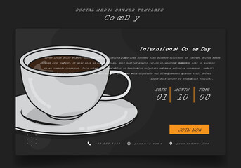 Banner template with coffee in cartoon design for international coffee day campaign design