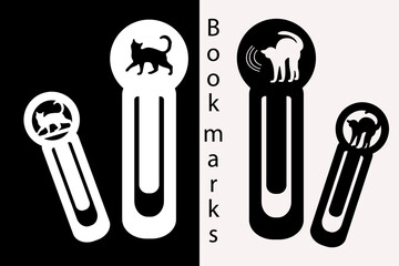Silhouettes of a cat on a bookmark. Office tools. Paper cut. Laser cutting.