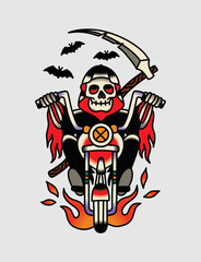 Grim reaper with scythe riding motorcycle, old school style.