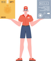 The male courier is holding a box and a check. Home delivery concept. Isolated. trendy style. Vector.