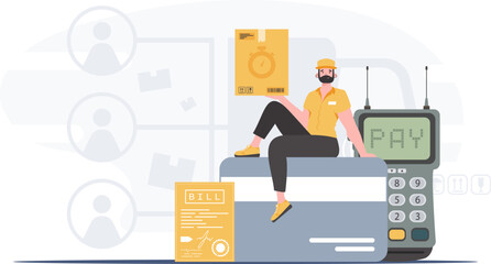 Delivery concept. A male courier sits on a bank card and holds a box. Trendy flat style. Vector.