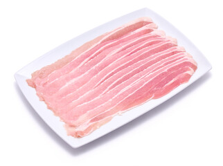 Bacon strips on ceramic plate isolated on white background
