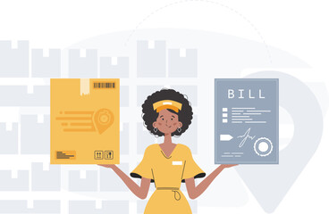 Home delivery concept. A woman courier is holding a parcel and a check. trendy style. Vector.