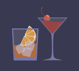 Alcoholic cocktails: cosmopolitan with maraschino and old fashioned with orange and ice in flat style on purple background, vector illustration