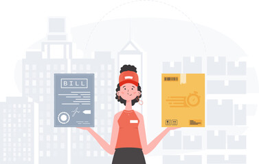 Home delivery concept. A woman courier is holding a parcel and a check. Trendy flat style. Vector. - obrazy, fototapety, plakaty