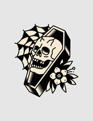 Coffin skull with flower, vector design.