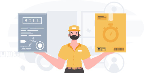 Home delivery concept. The male courier is holding a box and a check. Cartoon style. Vector.