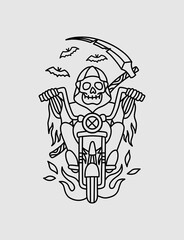 Grim reaper with scythe riding motorcycle, line art.