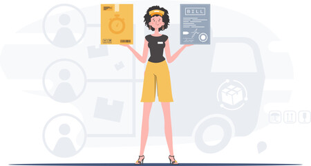 Delivery concept. A woman courier is holding a box and a check. Cartoon style. Vector.