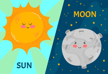 Vector day and night illustration with cute smiling sun and moon cartoon characters