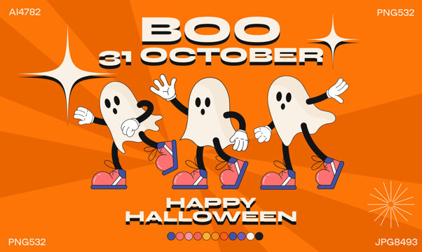 Funny halloween cartoon character. fashion poster. Vector illustration of boo ghost in 90s style. Set of comic elements in trendy retro cartoon style.
