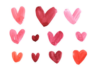 Set of bright hearts, watercolor hearts, pink ,purple, red, abstraction