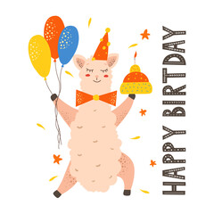 Hand drawn nursery birthday poster with little llama in scandinavian style. Color kids vector illustration © светлана аркаллаева