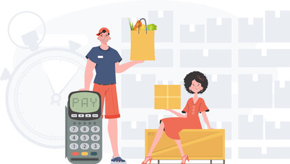 Food and parcel delivery people team. Ready made poster on the topic Products for the home. about food delivery. trendy style. Vector.