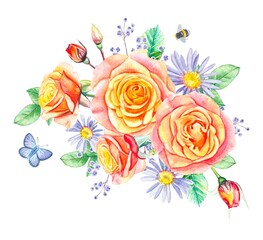 Beautiful bouquet with peach roses, watercolor card isolated on white background