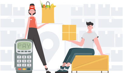 Home delivery concept. Delivery team. Finished poster. Cartoon style. Vector.