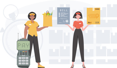 Delivery concept. Food and parcel delivery people team. Finished banner. Trendy flat style. Vector.