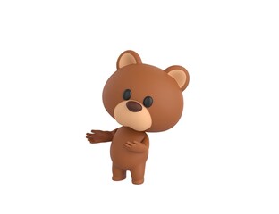 Fototapeta premium Little Bear character doing welcome gesture in 3d rendering.