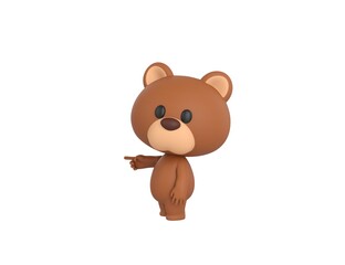 Little Bear character pointing index finger to the left in 3d rendering.