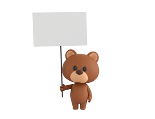 Little Bear character holding blank banner in 3d rendering.