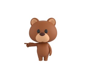 Little Bear character pointing his finger to the left in 3d rendering.
