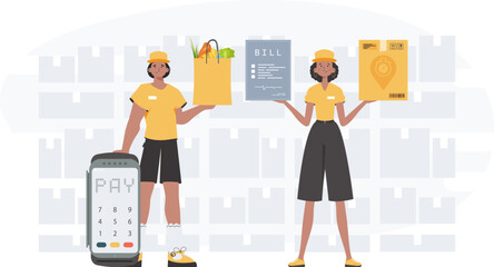 Home products. Food delivery. Delivery team. Finished poster. Cartoon style. Vector.