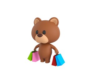 Little Bear character carrying colorful shopping bags in 3d rendering.