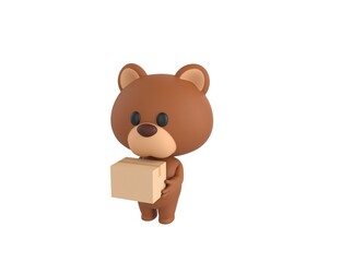 Fototapeta premium Little Bear character carrying a package in 3d rendering.