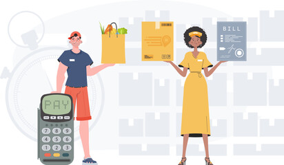 Home products. Food delivery. Delivery team. Finished banner. trendy style. Vector.