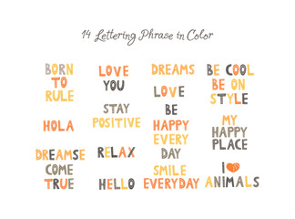 14 positive phrases in color. Flat Vector illustration.
