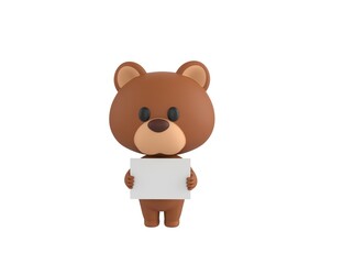 Little Bear character holding a blank billboard in 3d rendering.