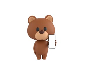 Fototapeta premium Little Bear character showing his phone in 3d rendering.