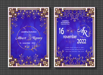 vector set of wedding invitation card templates, border frame designs and floral and gold leaf outline decorations, isolated on blue background decorated with watercolor