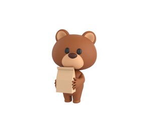 Little Bear character holding paper containers for takeaway food in 3d rendering.
