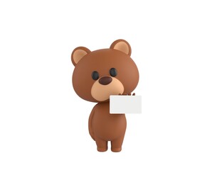 Little Bear character holding white card in 3d rendering.