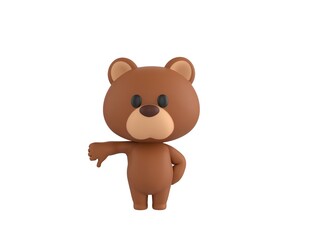 Naklejka premium Little Bear character showing thumb down in 3d rendering.