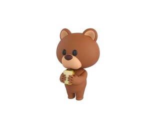 Little Bear character eating sandwich in 3d rendering.