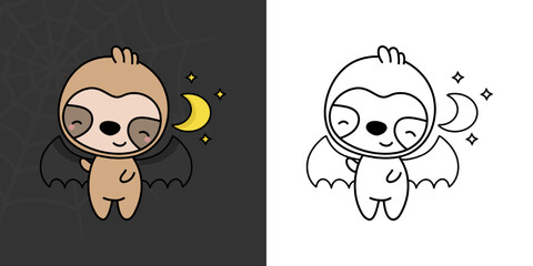 Set Clipart Halloween Sloth Coloring Page and Colored Illustration. Clip Art Kawaii Halloween Animal. Cute Vector Illustration of a Kawaii Halloween Animals in a Vampire Costume.  © ArtVarStudio