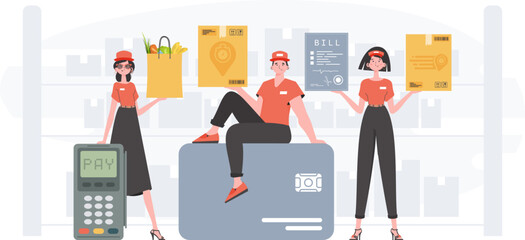 Food and parcel delivery people team. Delivery concept. Finished poster. trendy style. Vector.