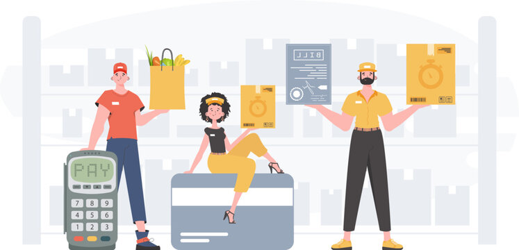 Food and parcel delivery people team. Home products. Food delivery. Finished poster. Cartoon style. Vector.