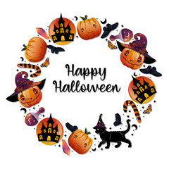 Fototapeta premium Halloween holiday banner design with spooky house, cat, flasks, butterfly and pumpkin. Vector illustration